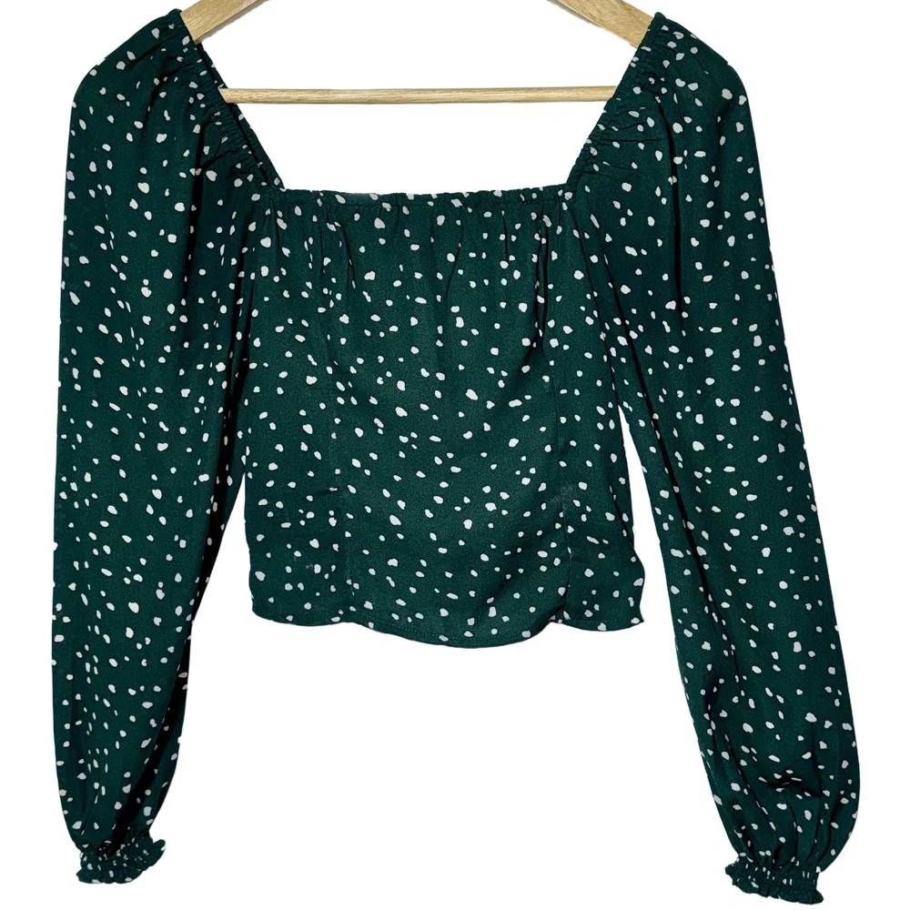 NEW Abercrombie & Fitch Green White Ruffled Smocked Puff Sleeve Blouse Size XXS